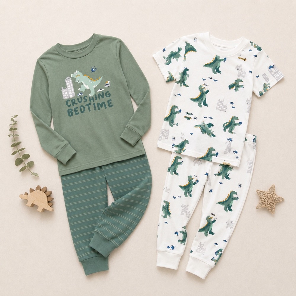 Carters Just One You Kids 4pc Dinosaur Pajama Set Green White 4T Snug Fit Cotton